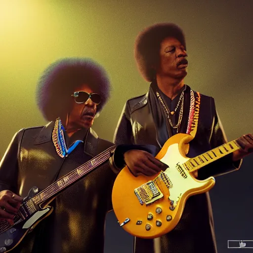 Image similar to photo of jimi hendrix and b. b king, with very highly detailed face, jamming with electric guitars. photorealistic, unreal engine 5, trending on artstation, 4 k, 8 k, uhd, beautiful, dramatic by steve mccurry