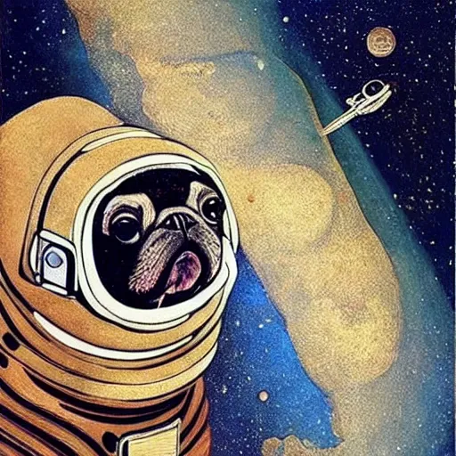 Prompt: golden - ratio, spirals, highly detailed, astronaut pug in outer space painted by davinci.