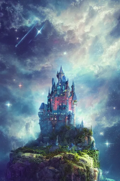 Prompt: a beautiful castle outside of time and space, dreamy, eternity, cosmic, majestic, interstellar, iridescent sky, vibrant, digital art, airbrush, intricate, epic, depth, artstation, highly detailed, octane render, 8k