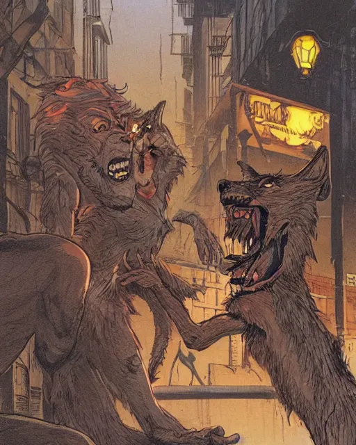 Prompt: a single werewolf fighting a single vampire in a dark brisbane alley, hd concept art by ron spencer and jean giraud and ralph macquarrie.