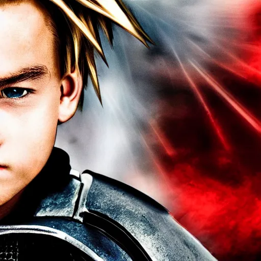 Image similar to photo portrait of young Di Caprio as Edward Elric, cinematic light, full metal alchemist, movie, 4K