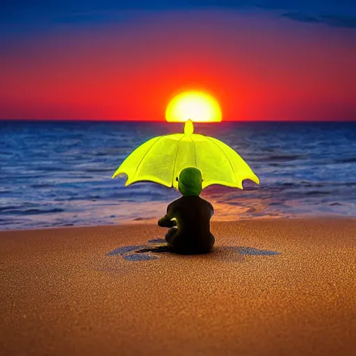 Prompt: frog sitting on the beach with an umbrella next to him, watching a beautiful sunrise, photograph