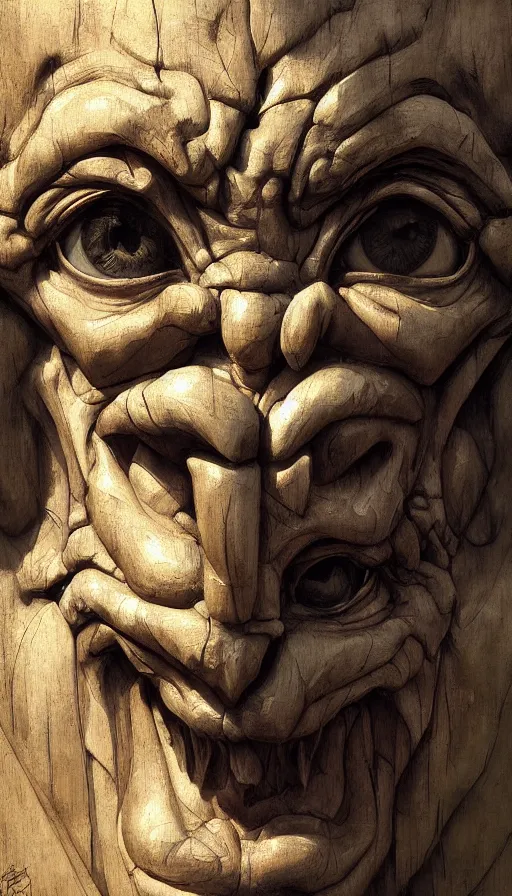 Image similar to wooden gargoyle face looking in the camera, paint texture, digital painting, highly detailed, artstation, sharp focus, sunlit, painted by ruan jia, raymond swanland, lawrence alma tadema, zdzislaw beksinski, norman rockwell, jack kirby, tom lovell, alex malveda, greg staples