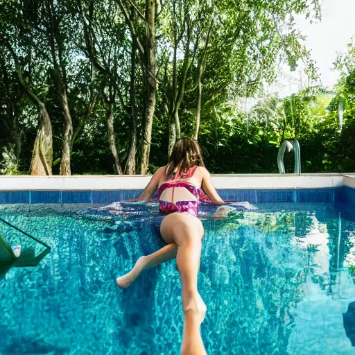 Image similar to womanlegs in the swimming pool with some trees in the garden