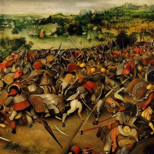 Image similar to a beautiful installation art of a battle scene from the lord of the rings. by pieter bruegel the elder