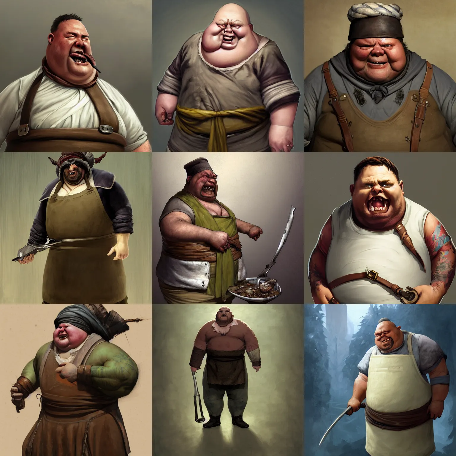 Prompt: fat orc chef of 1 9 century, smuggler, with leather apron, half - life style, character sheet, full body, highly detailed, digital painting, artstation, concept art, smooth, sharp focus, illustration, artstation, art by giger and greg rutkowski and hikari shimoda and edmund blair leighton and charlie bowater