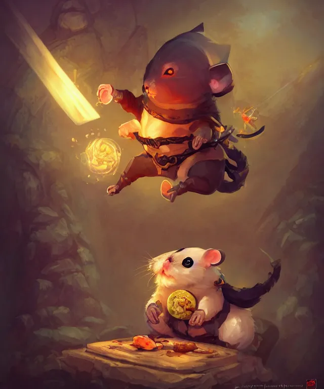 Image similar to anthropomorphic hamster ninja eating sushi, ninja outfit, standing in a buddhist temple, cute and adorable, dnd character art portrait, matte fantasy painting, deviantart artstation, by jason felix by steve argyle by tyler jacobson by peter mohrbacher, cinematic lighting