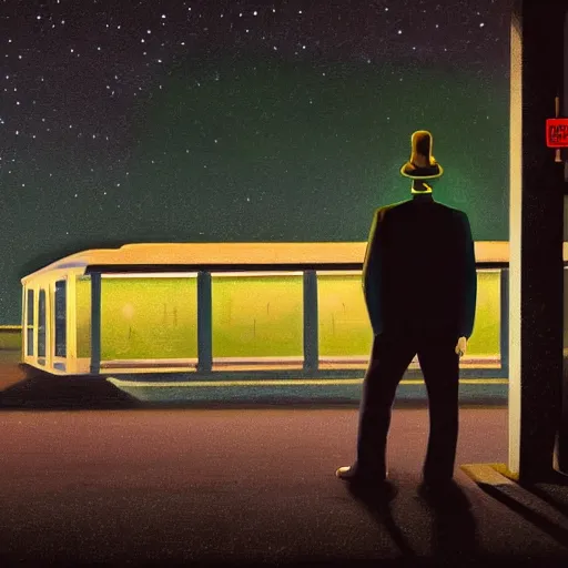 Image similar to a detailed portrait of a lonely man with a skull as his head waiting for the bus at night, green dramatic and cinematic light from the streetlight, the background is the sky full of stars, in the style of edward hopper, 4 k,