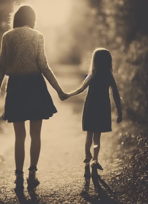 Prompt: a beautiful detailed photo of a young girl and her mother holding hands while the world burns, realistic, f 8, 4 k hd wallpaper