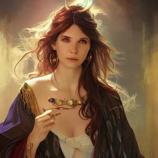 Image similar to Three quarters portrait of a female sorceress, highly detailed, digital painting, art by Stanley Lau and Artgerm and Greg Rutkowski and Alphonse Mucha, artstation, cgsociety, RPG portrait, Dungeons & Dragons