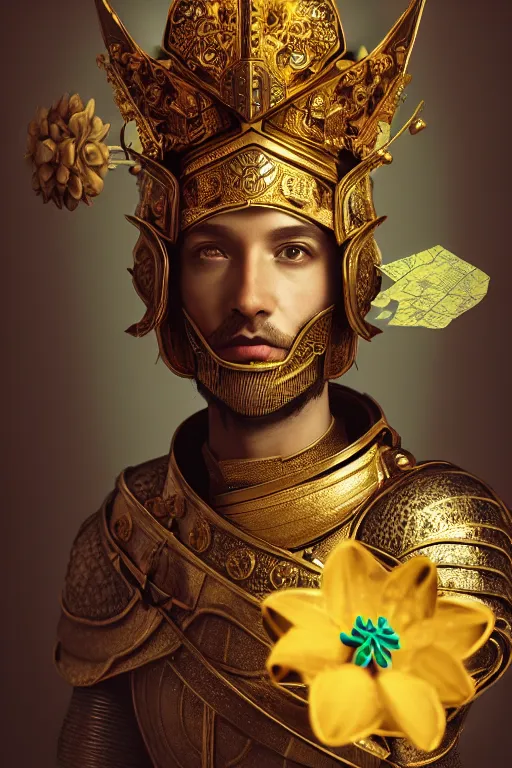 Image similar to hyperdetailed matte illustration of a knight wearing an ornate gold headpiece and holding a flower with a map of the collective subconscious in the background by octane render