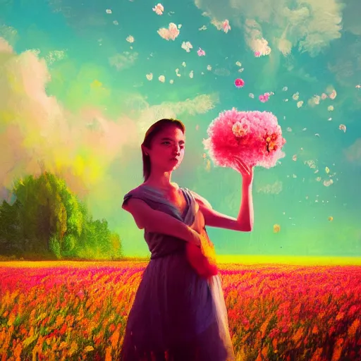 Prompt: girl with an exploding blooming flower for a head, surreal photography, dream, standing in flower field, magical, in a valley, sunrise dramatic light, impressionist painting, colorful clouds, artstation, simon stalenhag, blooming flower face