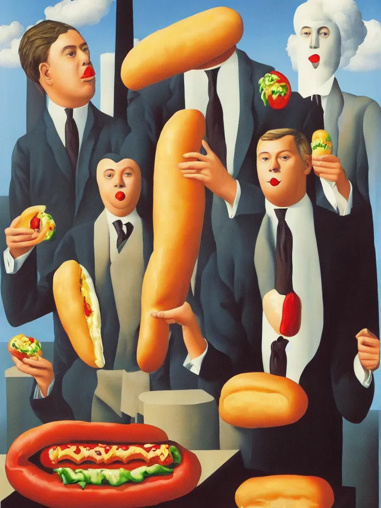 Image similar to Rene Magritte's Son Of Man painting with a hotdog blocking the face, but the man is a large hotdog in a suit and the hotdog has a man's face on it