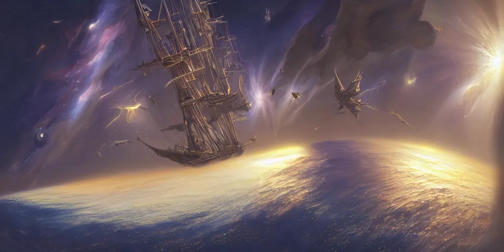 Image similar to Photorealistic epic science fiction painting of one solitary flying tall ship in space, flying past galaxies, by Rodney Matthews and Roger Dean. photorealism, UHD, amazing depth, glowing, golden ratio, 3D octane cycle unreal engine 5, volumetric lighting, cinematic lighting, cgstation artstation concept art