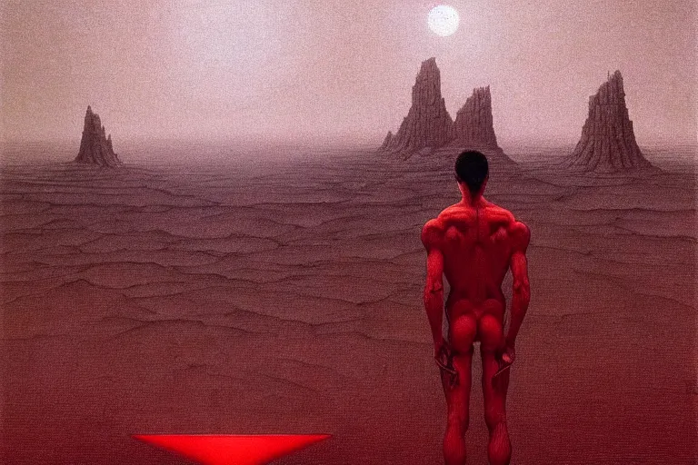 Image similar to only with red, a red god of death eat apple, a futuristic city on mars in background, an ancient path, pathos, in the style of beksinski, part by hopper, part by rodcenko, part by hofbauer, intricate composition, red by caravaggio, insanely quality, highly detailed, masterpiece, red light, artstation, 8 k