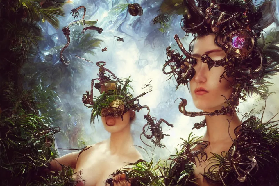 Image similar to an extreme close - up of a cyborg nymph wearing gothic helmets playing with a giant insect surrounded by saxophones, palm trees, jungle fruit, volumetric light caustics kim keever clouds of pigment smoke, by hajime soryama, boris vallejo, bouguereau