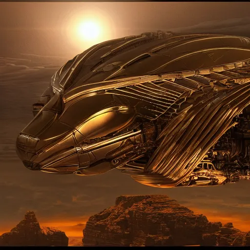 Prompt: an aerial scene of the beautiful intricate epic futuristic cybernetic sphinx, hyper detailed, cinematic lighting