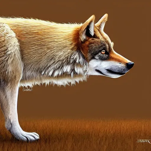 Image similar to professional stylized full - body digital art of a side profile of a tan tibetan wolf, cream and brown fur, fluffy, falling leaves, hd, 8 k, highly detailed, high quality, cute