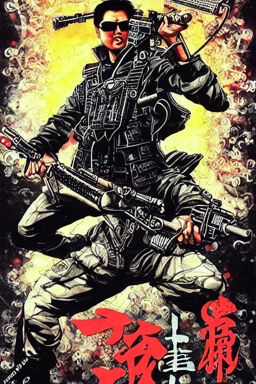 Prompt: poster of chow yun - fat wearing shades and shooting guns, by yoichi hatakenaka, masamune shirow, josan gonzales and dan mumford, ayami kojima, takato yamamoto, barclay shaw, karol bak, yukito kishiro