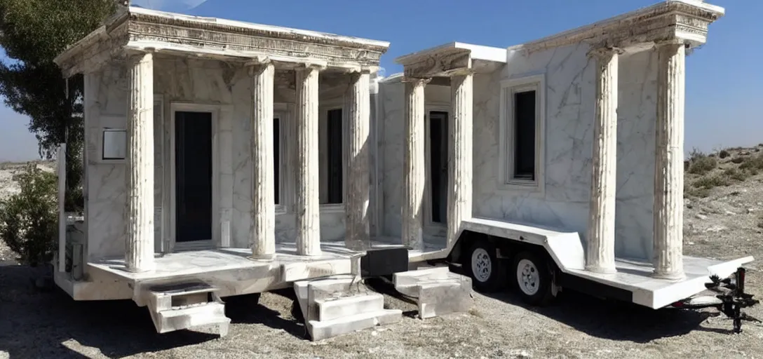 Image similar to greek tiny house made of marble with columns on trailer designed by iktinos and callicrates.