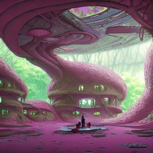 Image similar to concept art painting of a interior of a circular alien fantasy fungus house, realistic, detailed, cel shaded, magenta and gray, dark, in the style of makoto shinkai and greg rutkowski and james gurney