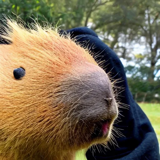 Prompt: A capybara wearing a black beanie, and vibrant t-shirt, live-streaming on twitch