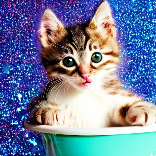 Image similar to kitten bathing itself with a glitter explosion, 8k, award winning photo, digital art