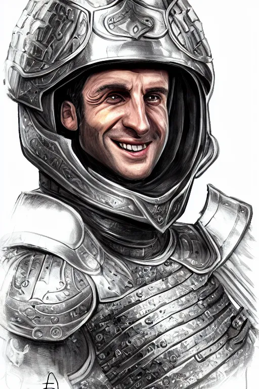 Image similar to emmanuel macron smiling while wearing armour, highly detailed, digital art, sharp focus, trending on art station