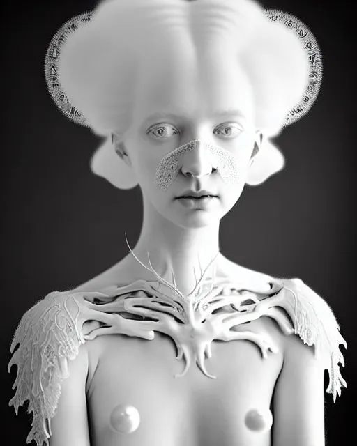 Image similar to dreamy foggy soft luminous bw art photo taken in 2 1 0 0, beautiful spiritual angelic biomechanical mandelbrot fractal albino girl cyborg with a porcelain profile face, very long neck, halo, white smoke atmosphere, rim light, big leaves and stems, fine foliage lace, alexander mcqueen, art nouveau fashion pearl embroidered collar, steampunk, elegant