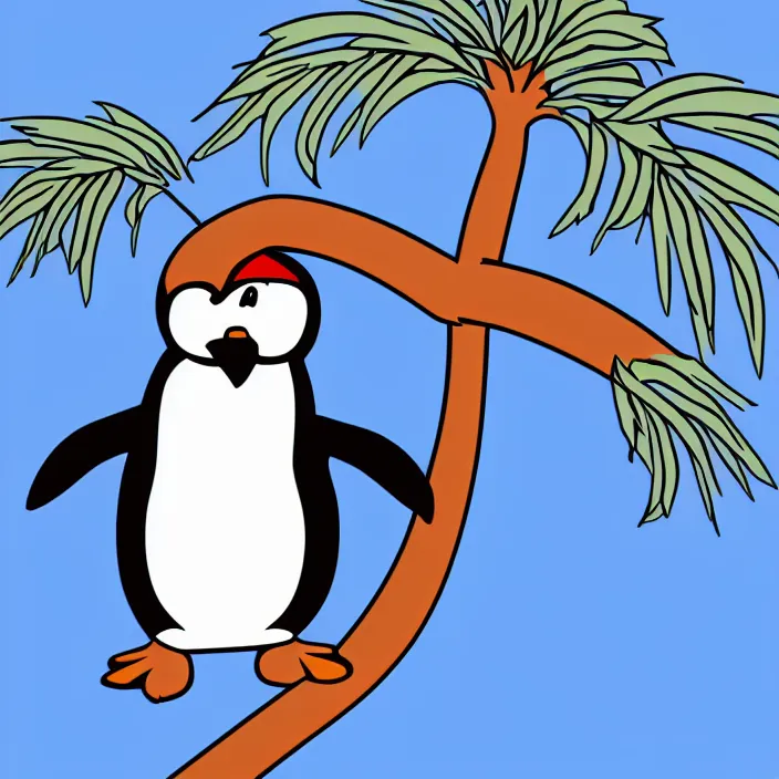 Image similar to penguin with a palm tree growing on its head, cartoon style