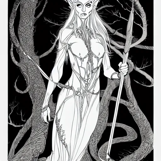 Image similar to full elven witch, intricate, veins, by Hugo pratt, ultradetailed, trending on artstation,