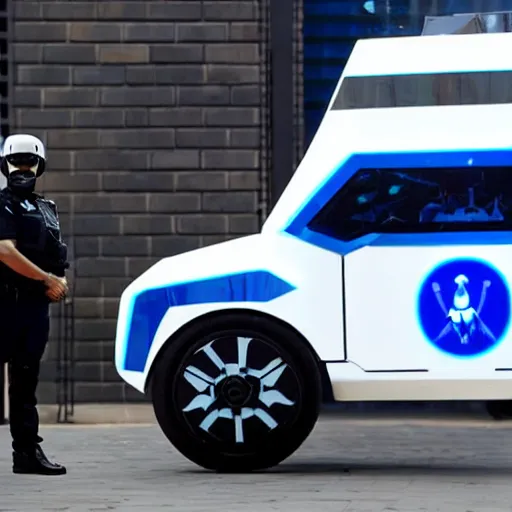 Image similar to robotic police unit shaped like an anthropomorphic rabbit, standing next to a parked futuristic police car