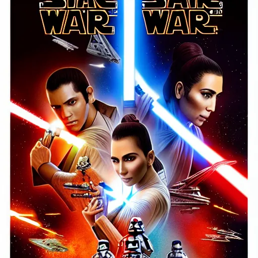 Image similar to super detailed star wars movie poster with Jesus Christ and kim kardashian, 8k full HD photo, cinematic lighting, anatomically correct, oscar award winning, action filled, correct eye placement,