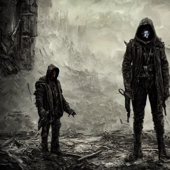 Image similar to hooded apocalyptic man standing in wasteland, hyper - detailed, smooth, sharp focus, 4 k ultra hd, fantasy dark art, apocalyptic art