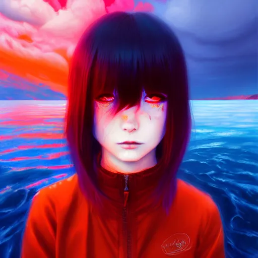 Image similar to red water swirling around rimuru tempest crying, enveloped in ghosts, sky blue straight hair, bangs, with amber eyes, black jacket, high collar, ultra fine detaile, dark theme, digital painting, psychedelic, cinematic, wlop, pixiv, ilya kuvshinov, ross tran