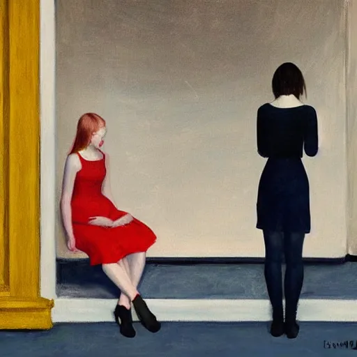 Prompt: elle fanning, ana de armas, anya taylor joy in prey picture by edward hopper, asymmetrical, dark vibes, realistic painting, organic painting, matte painting, geometric shapes, hard edges, graffiti, street art : 2 by edward hopper : 4