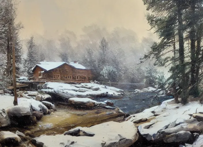 Image similar to oil painting, snow blizzard in woodland meadow, log cabin, smoke billowing from chimney, water stream, water wheel, oak trees, pine trees, wooden bridge, mild breeze wind, mountain in background, high detailed art by anders zorn, wonderful masterpiece by greg rutkowski, beautiful cinematic light, american romanticism by greg manchess, creation by tyler edlin