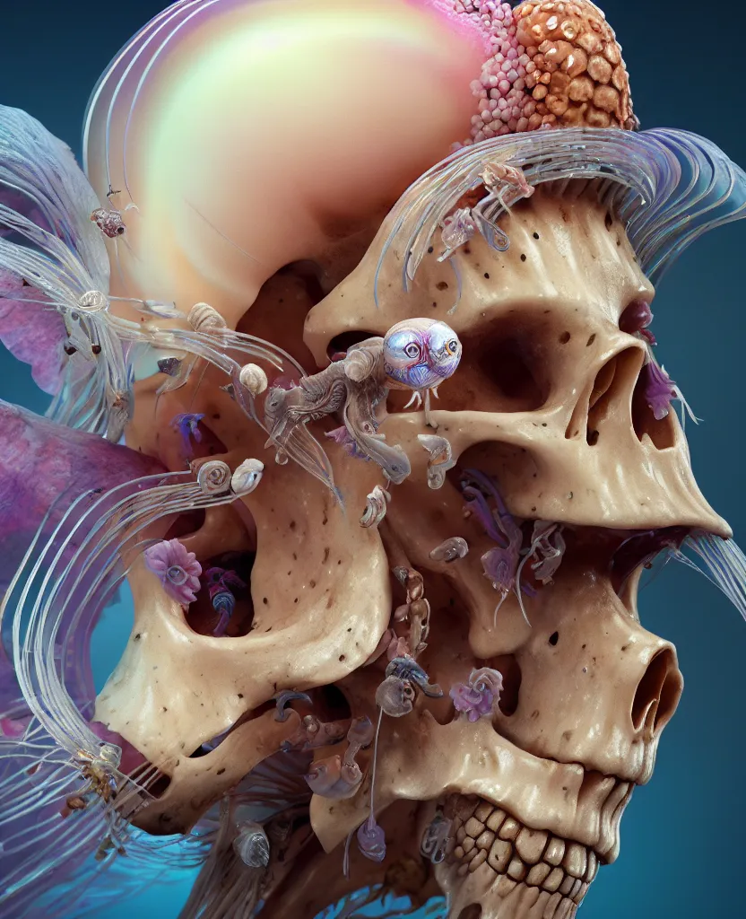 Image similar to goddess princess face close-up portrait ram skull. jellyfish phoenix head, nautilus, orchid, skull, betta fish, bioluminiscent creatures, intricate artwork by Tooth Wu and wlop and beeple. octane render, trending on artstation, greg rutkowski very coherent symmetrical artwork. cinematic, hyper realism, high detail, octane render, 8k