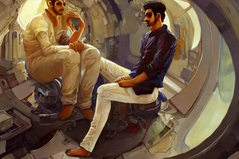 Image similar to Pensive good looking pale young Indian doctors wearing jeans in a space station above Earth, portrait, elegant, intricate, digital painting, artstation, concept art, smooth, sharp focus, illustration, art by artgerm and greg rutkowski and alphonse mucha