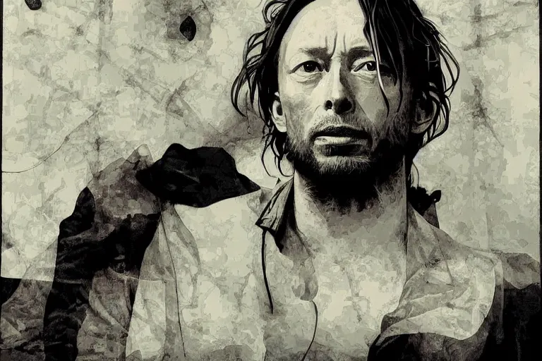 Image similar to hyper realistic portrait of ( ( ( thom yorke ) ) ) singer songwriter, side, liminal space, by lee bermejo, alphonse mucha and greg rutkowski