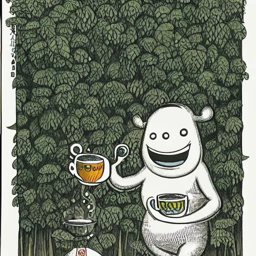 Image similar to highly detailed illustration of a monster smiling and dancing around a beautiful steaming cups of coffee, amongst coffee trees and flowers, in the style of Japanese illustration, Maurice Sendak, Tove Jansson