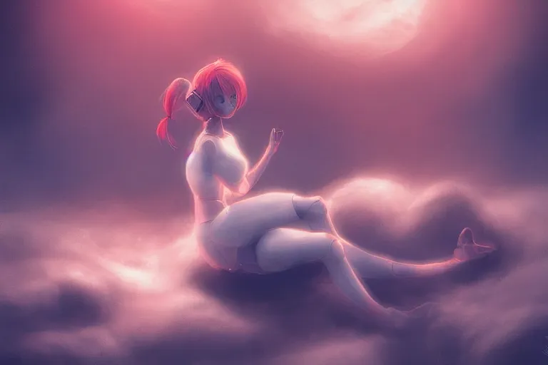 Image similar to a cute robot girl sitting on a cloud relaxing, red lighting, mist, digital art,