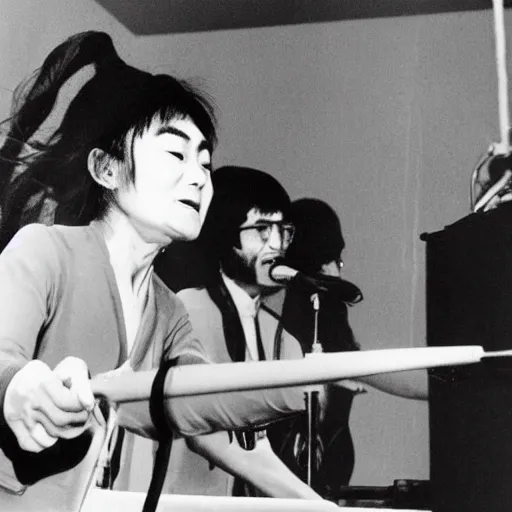 Prompt: Yoko Ono pouring water on a Beatles performance