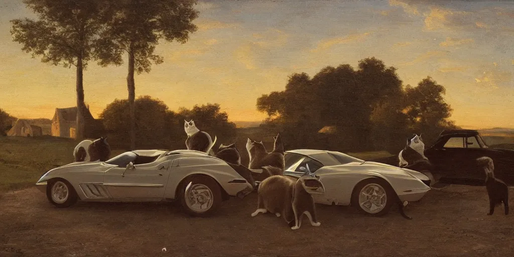 Prompt: corvette with cats sitting in and on the car, old dutch painting, golden hour, shadows, wide shot