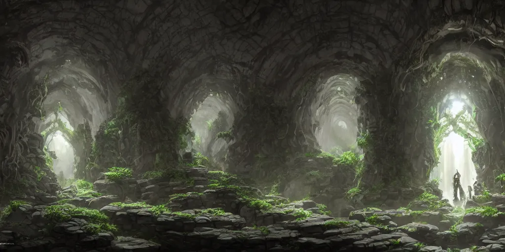 Image similar to Underground Dryad city hidden inside a large cavern, lush greenery, two round black columns in the center of the city, buildings made of white stone, Baroque architecture. In style of Hyung-tae Kim, Greg Rutkowski and Larry Elmore, concept art, trending on ArtStation, Korean MMORPG, over-detailed art, 8K, epic, dynamic lightning, scenery, .