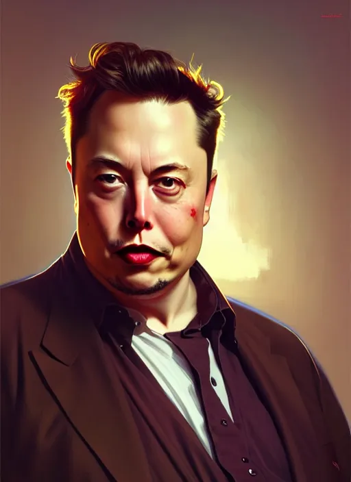 Prompt: obese elon musk, portrait, intricate, elegant, highly detailed, digital painting, artstation, concept art, wallpaper, smooth, sharp focus, illustration, art by artgerm and greg rutkowski and alphonse mucha