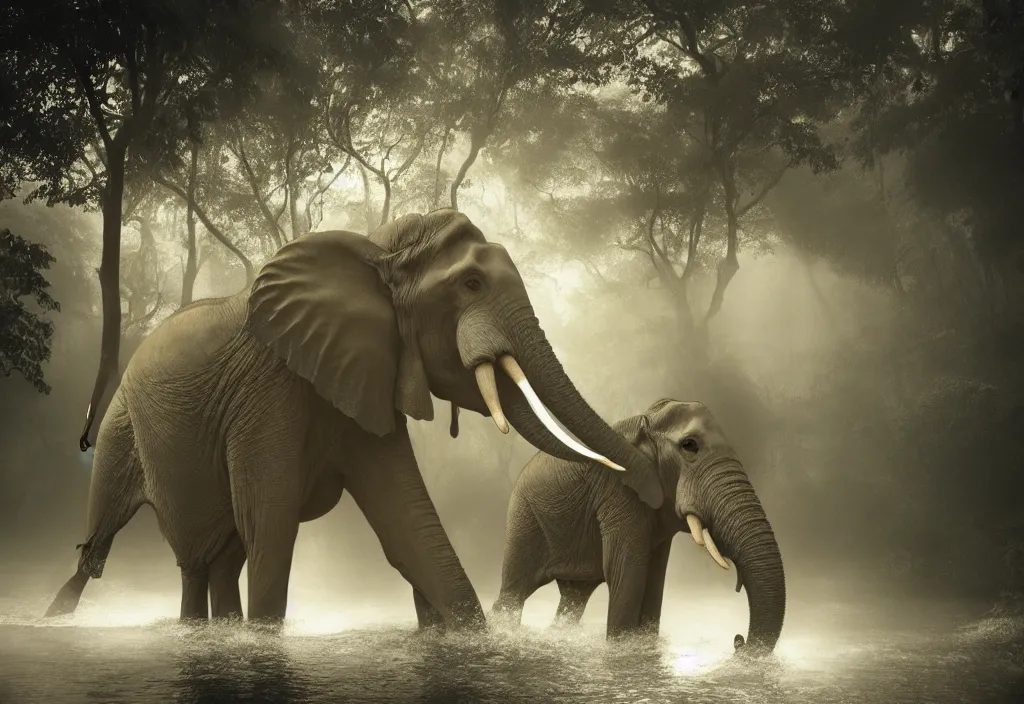 Image similar to an enormous elephant king, huge tentacles, in a jungle with ominous light from above, ambient light, fog, river, symmetrical, poetic