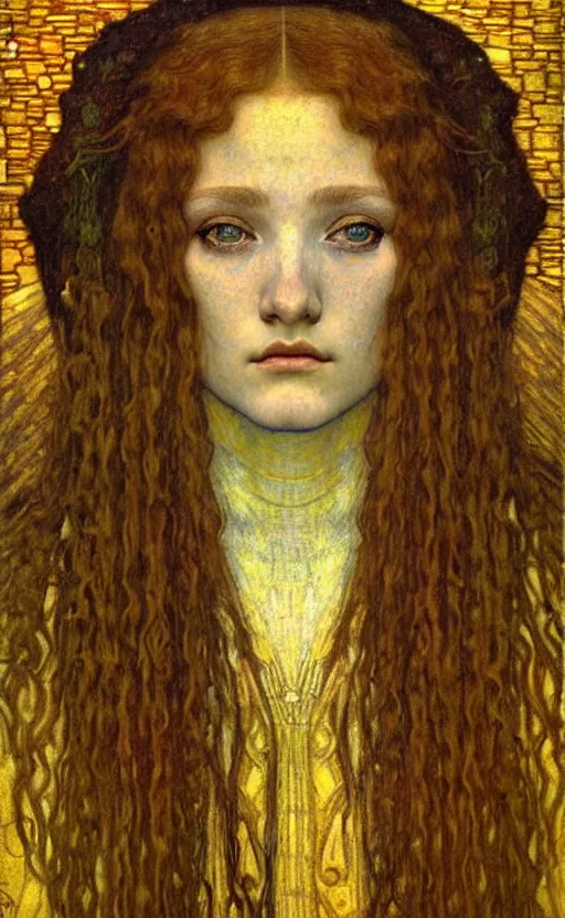 Image similar to detailed realistic beautiful young medieval queen face portrait by jean delville, gustav klimt and vincent van gogh, art nouveau, symbolist, visionary, gothic, pre - raphaelite, muted earthy colors, desaturated