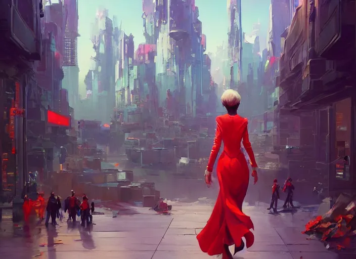 Image similar to gorgeous bright girl holding a red flag over her head enthusiastically walking through Mandelbrot fractal futuristic bustling city by Craig Mullins, ilya kuvshinov, krenz cushart, artgerm trending on artstation by Edward Hopper and Dan Mumford and WLOP and Rutkovsky, Unreal Engine 5, Lumen, Nanite