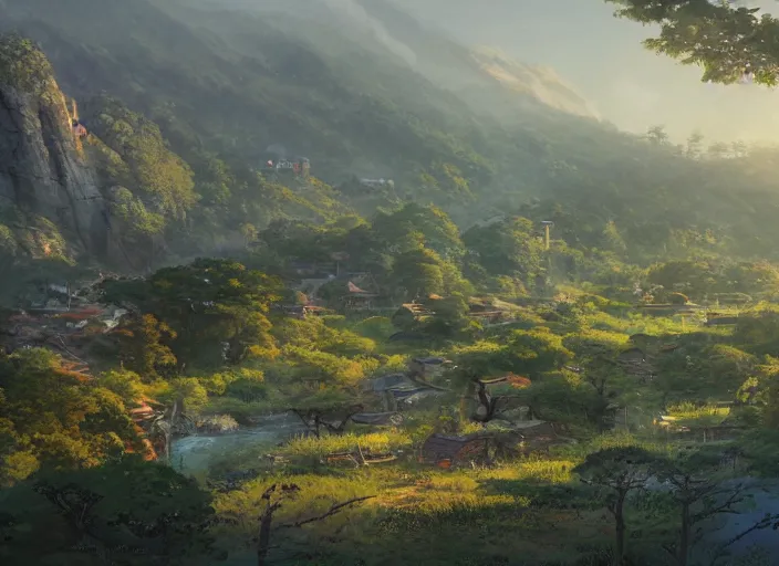 Image similar to concept art painting of a distant small woodland village in a valley seen from above, early morning, european japanese buildings, beside a river, cel shaded, detailed, by makoto shinkai and moebius and greg rutkowski and james gurney